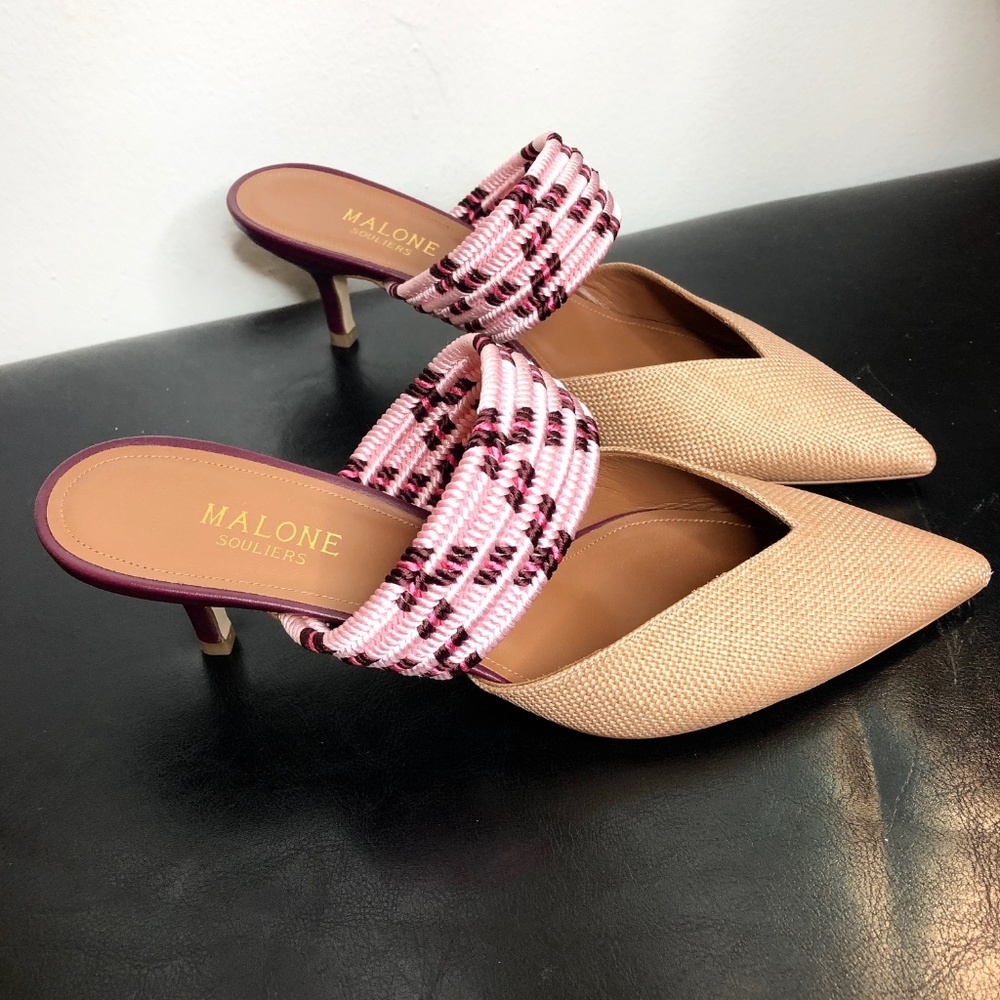 Malone Souliers Cord Trimmed Raffia Leather Mules
